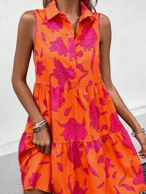 Cleo Sleeveless Collared Orange Button-Front Dress Pink Floral Print Size Large